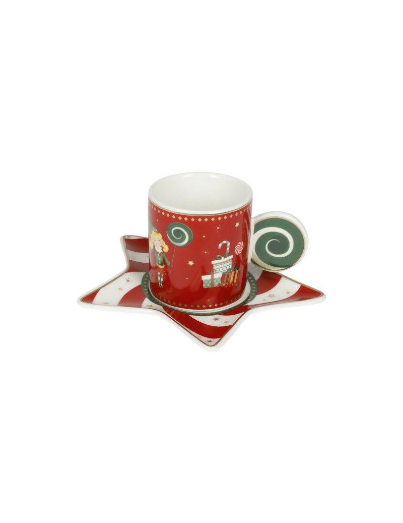 Tazzina Caffe Elfomagia Bianco/Rosso Set 2 Pz New Bone China Brandani