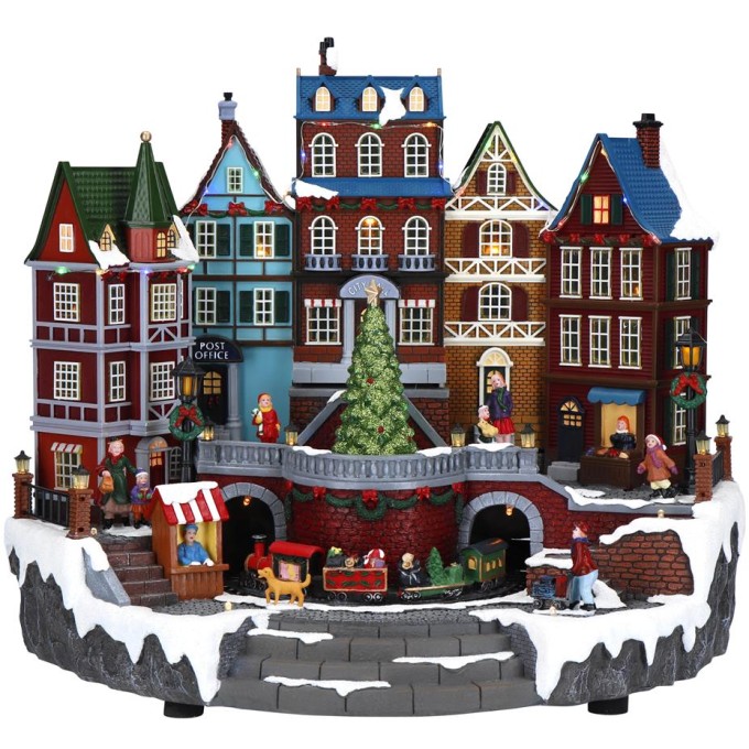 Christmas village turning tree animated